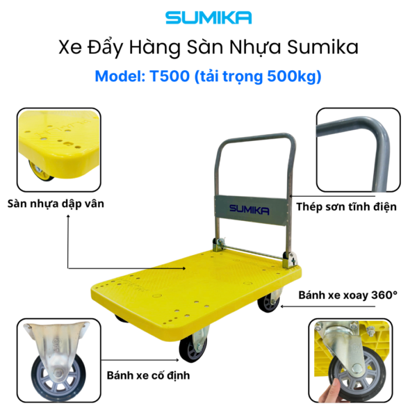 Xe đẩy hàng sàn nhựa SUMIKA T500 với tải trọng lên đến 500kg chính là giải pháp hoàn hảo dành cho bạn. Với thiết kế bền bỉ, chất liệu cao cấp và cấu trúc bánh xe đặc biệt, SUMIKA T500 sẽ là trợ thủ đắc lực trong mọi công việc nặng nhọc.